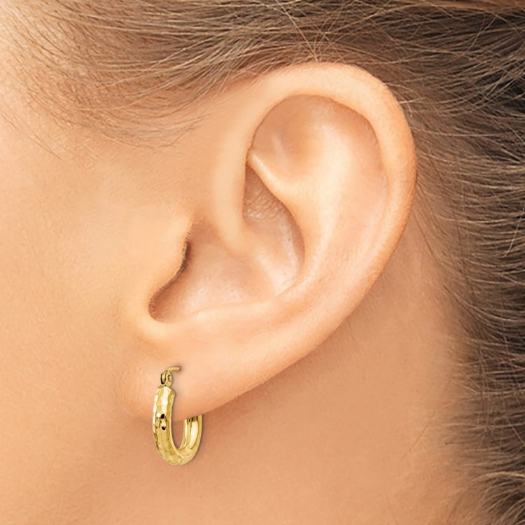 14k 3x14mm Diamond-cut Round Tube Hoop Earrings