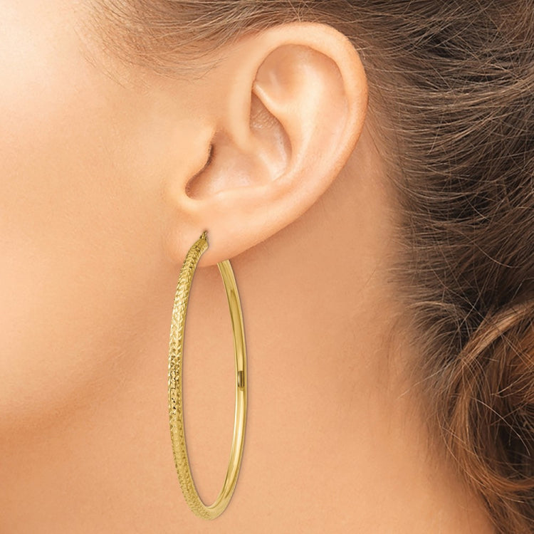 14k 3x65mm Diamond-cut Round Tube Hoop Earrings