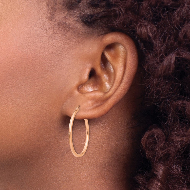 14k Rose Gold 2x30mm Polished Lightweight Tube Hoop Earrings