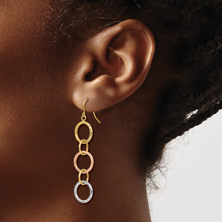 14k Tri-Color Diamond-Cut Circles Dangle French Hook Earrings