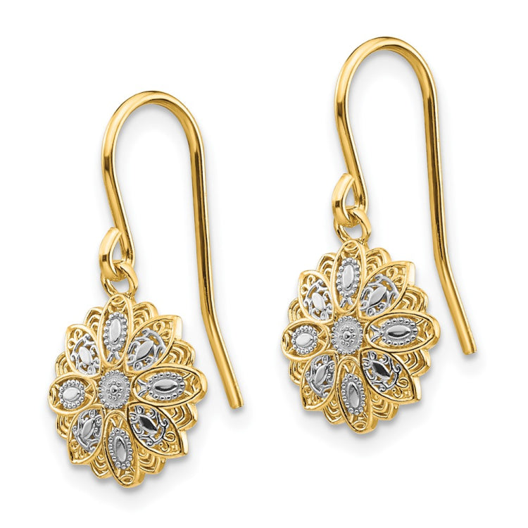 14k and White Rhodium Diamond-cut Polished Medallion Dangle Wire Earrings