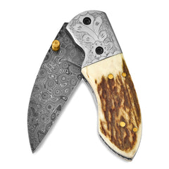 Luxury Giftware Damascus Steel 256 Layer Folding Blade Steel Guard Staghorn Handle Knife with Leather Sheath and Wooden Gift Box