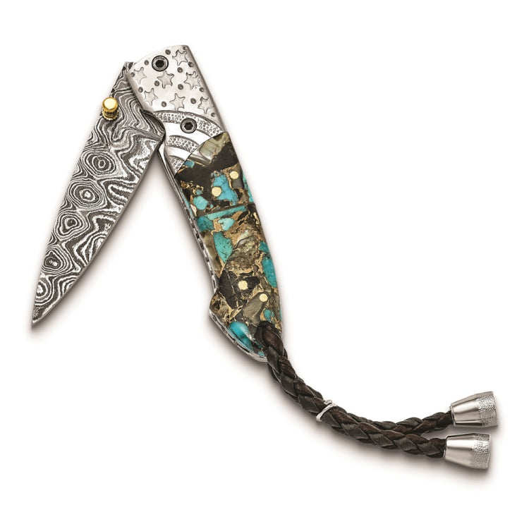 Luxury Giftware Damascus Steel 256 Layer Folding Blade Turquoise/Abalone/Obsidian/Bronze Handle Knife with Leather Sheath and Wooden Gift Box
