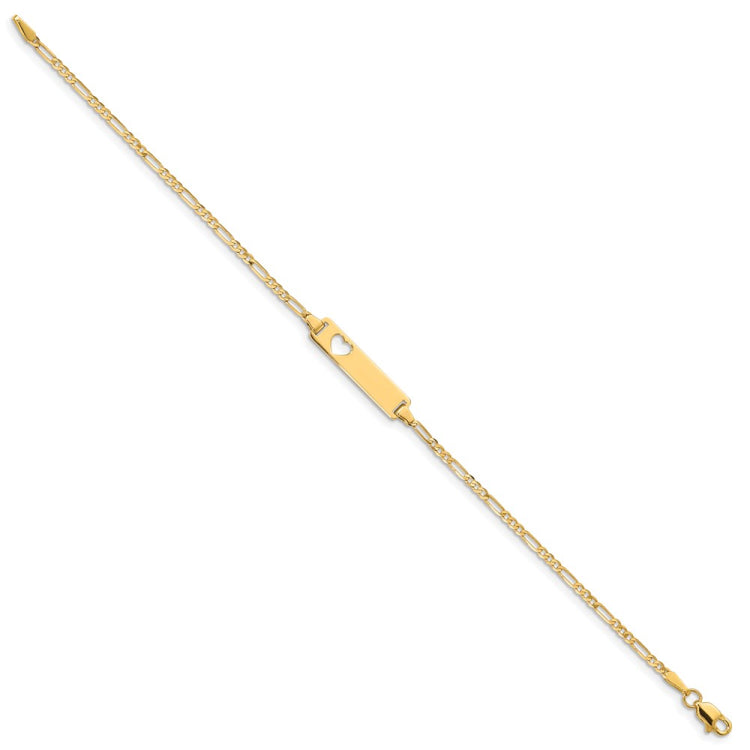 14k Polished Solid Chain/Solid Plate Figaro Link Cut-out Heart 20x5mm Plate 7 inch ID Bracelet