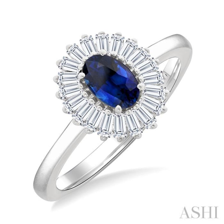 6X4 MM Oval Cut Sapphire and 1/3 Ctw Baguette Cut Diamond Halo Precious Fashion Ring in 14K White Gold