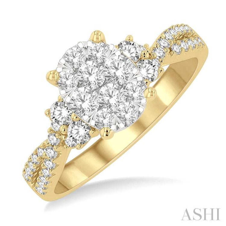 3/4 Ctw Oval Shape Center Criss Cross Shank Lovebright Round Cut Diamond Engagement Ring in 14K Yellow and White gold