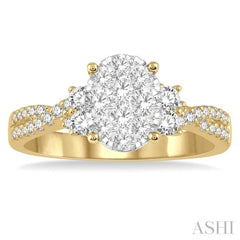 3/4 Ctw Oval Shape Center Criss Cross Shank Lovebright Round Cut Diamond Engagement Ring in 14K Yellow and White gold