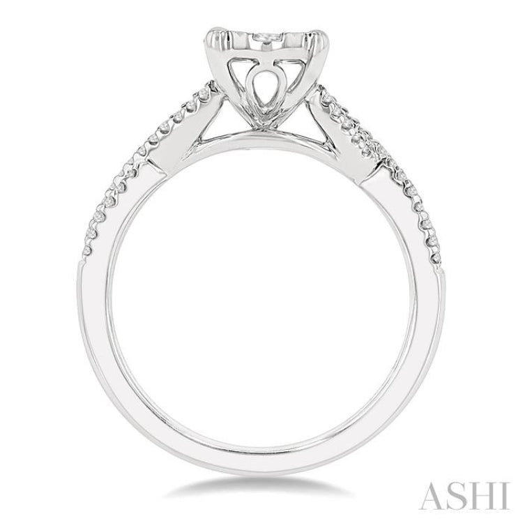5/8 Ctw Oval Shape Center Split Criss Cross Shank Lovebright Round Cut Diamond Engagement Ring in 14K White Gold
