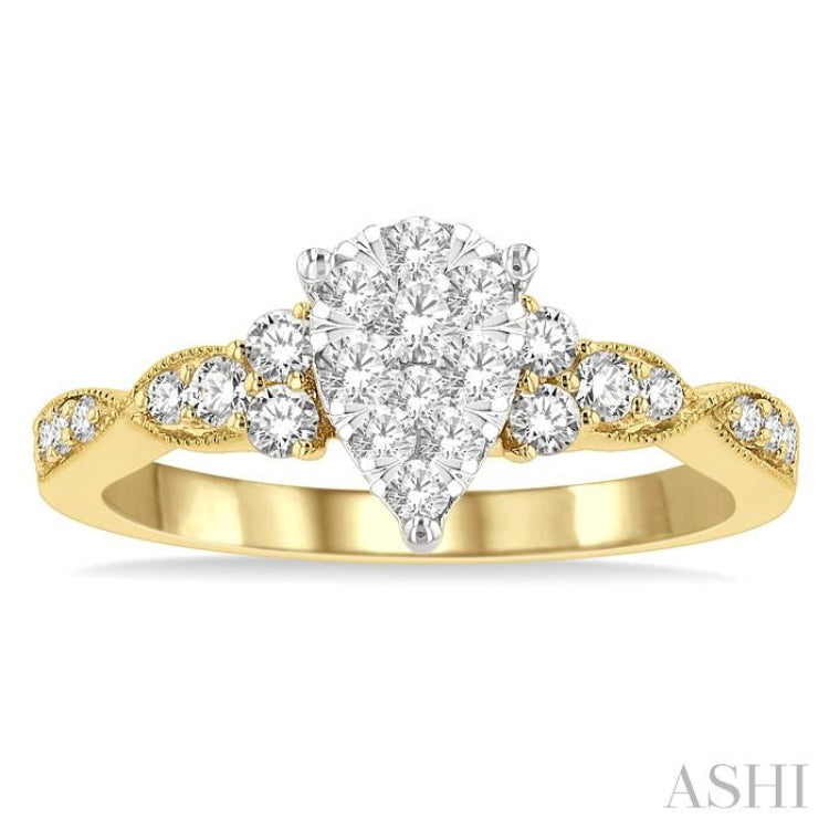 1/2 Ctw Pear Shape Center Criss Cross Carved Shank Lovebright Round Cut Diamond Engagement Ring in 14K Yellow and White Gold