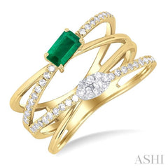 5x3 MM Emerald and 1/4 Ctw Single Cut Diamond Double Criss Cross Lovebright Precious Ring in 10K Yellow and White Gold