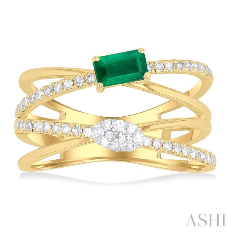 5x3 MM Emerald and 1/4 Ctw Single Cut Diamond Double Criss Cross Lovebright Precious Ring in 10K Yellow and White Gold