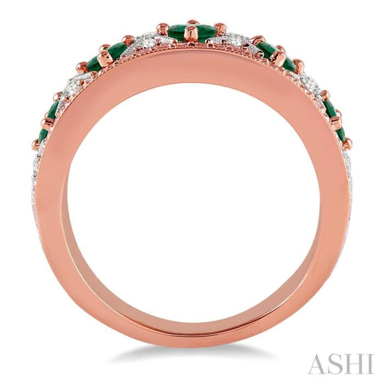 2.4 & 2.5 MM princess Cut Emerald and 1/2 Ctw Round Cut Diamond Precious Band in 14K Rose and White Gold