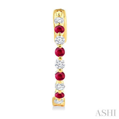 2 MM Round Cut Ruby and 1/2 Ctw Round Cut Diamond Precious Inside-Out Alternating Hoop Earrings in 14K Yellow Gold