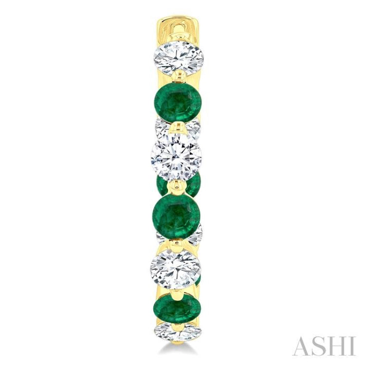 3.3 MM Round Cut Emerald and 1 5/8 Ctw Round Cut Diamond Precious Inside-Out Alternating Hoop Earrings in 14K Yellow Gold