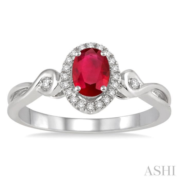 6x4 MM Oval Cut Ruby and 1/10 Ctw Round Cut Diamond Ring in 10K White Gold