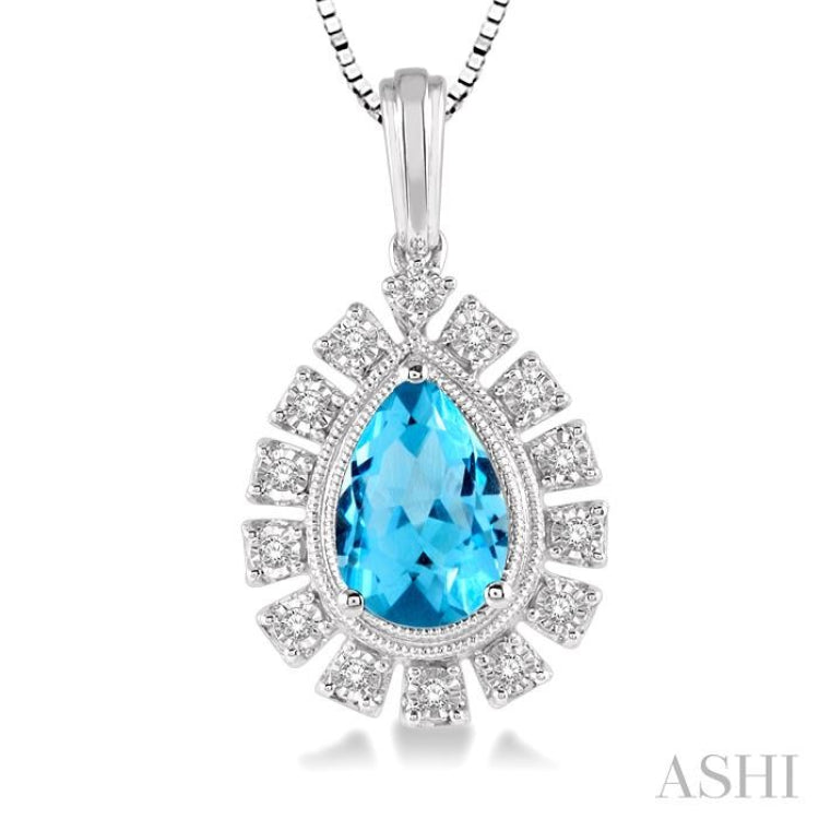 9x6 MM Pear Shape Blue Topaz and 1/10 Ctw Round Cut Diamond Semi-Precious Pendant With Chain in 10K White Gold