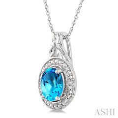 9X7 MM Oval Shape Blue Topaz and 1/20 Ctw Single Cut Diamond Semi-precious Pendant With Chain in Sterling Silver