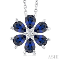 4X3 MM Floral Pear Cut Sapphire and 1/50 Ctw Round Cut Diamond Precious Pendant With Chain in 14K White Gold