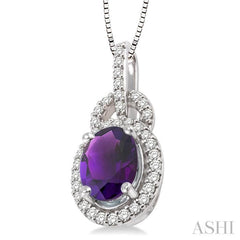 8x6 MM Oval Cut Amethyst and 1/4 Ctw Round Cut Diamond Pendant in 14K White Gold with Chain