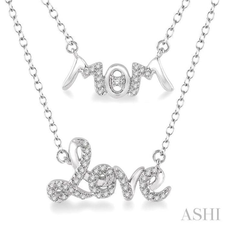 1/6 Ctw Mom & Love Carved Round Cut Diamond Layered Necklace With Link Chain in 10K White Gold