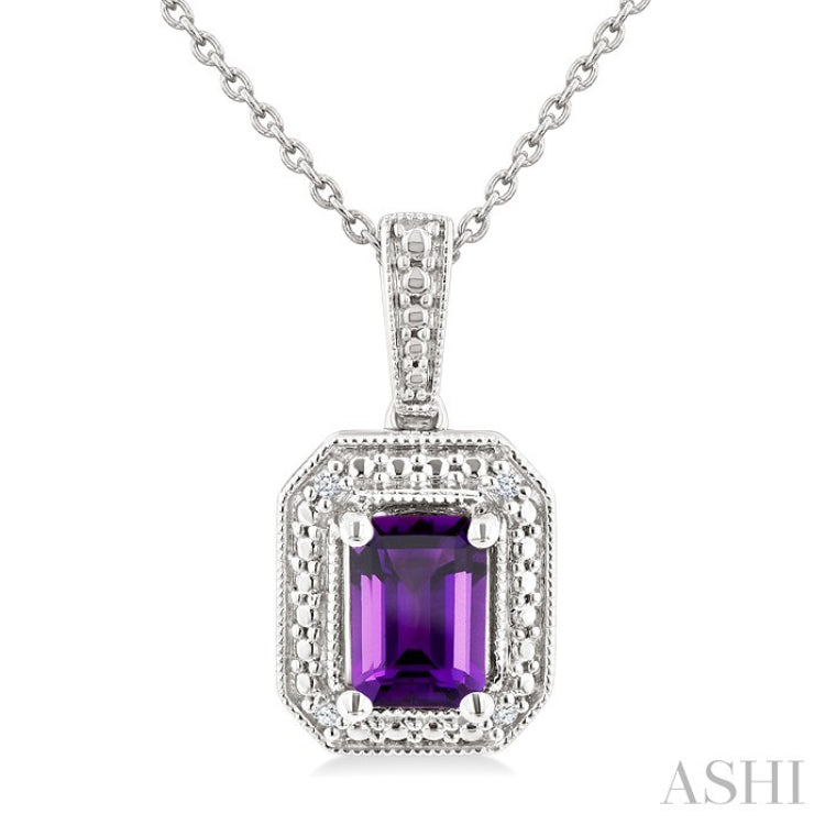 7X5 MM Octagon Shape Amethyst and 1/50 Ctw Round Cut Diamond Semi-precious Pendant With Chain in Sterling Silver