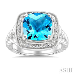 10 MM Cushion Shape Blue Topaz and 1/20 Ctw Single Cut Diamond Semi-precious Ring in Sterling Silver