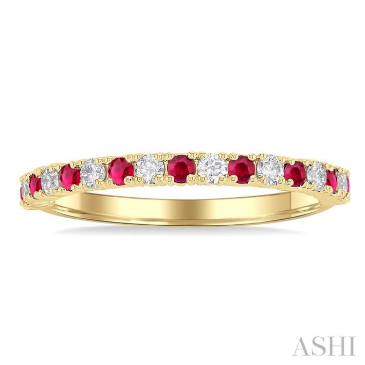 1.80 MM Round Shape Ruby and 1/4 Ctw Round Cut Diamond Precious Stack Band in 10K Yellow Gold