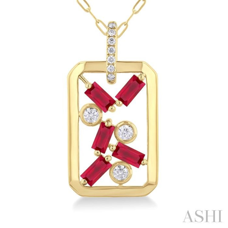 4x2 MM Scatter Baguette Cut Ruby and 1/6 Ctw Round Cut Diamond Precious Fashion Pendant With Chain in 14K Yellow Gold