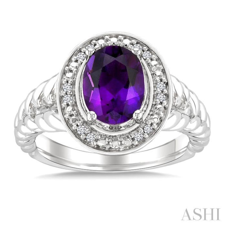 9x7 MM Oval Shape Amethyst and 1/20 Ctw Single Cut Diamond Semi-precious Ring in Sterling Silver