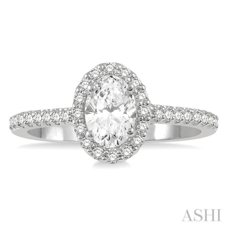 1 1/10 Ctw Oval Halo Round Cut Diamond Engagement Ring With 3/4 Ct Oval Cut Center Stone in 14K White Gold