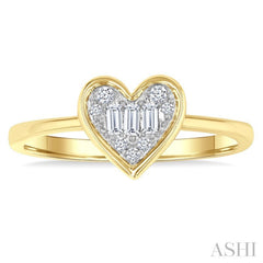 1/6 Ctw Petite Bezel Set Heart Shape Fusion Baguette and Round Cut Diamond Fashion Ring in 10K Yellow Gold