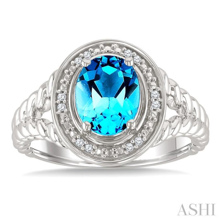9x7 MM Oval Shape Blue Topaz and 1/20 Ctw Single Cut Diamond Semi-precious Ring in Sterling Silver