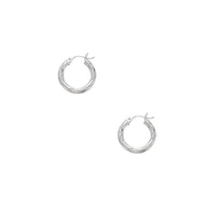 14K White Gold 3x15mm Diamond Cut and Polished Design Hoop Earring