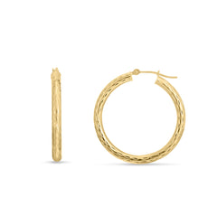 14K Yellow Gold 3x30mm Diamond Cut Hoop Earring