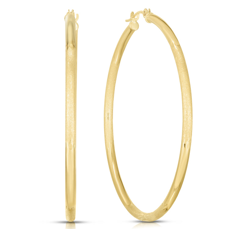 14K Yellow Gold 2x45mm Diamond Cut and Polished Design Hoop Earring