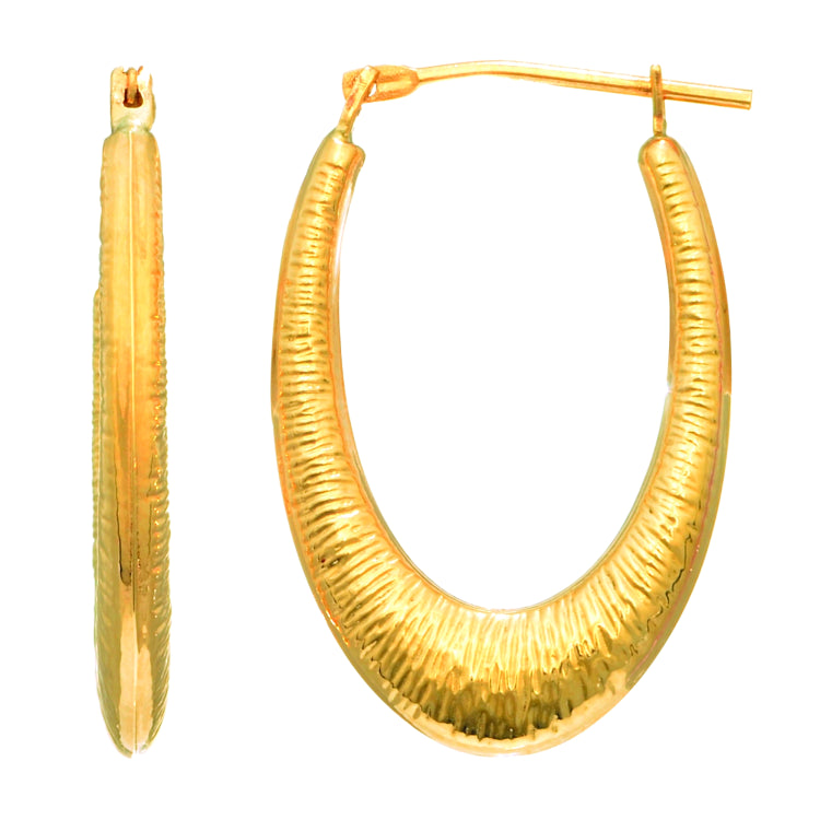 14K Yellow Gold Graduated Textured Oval Back to Back Hoop Earring