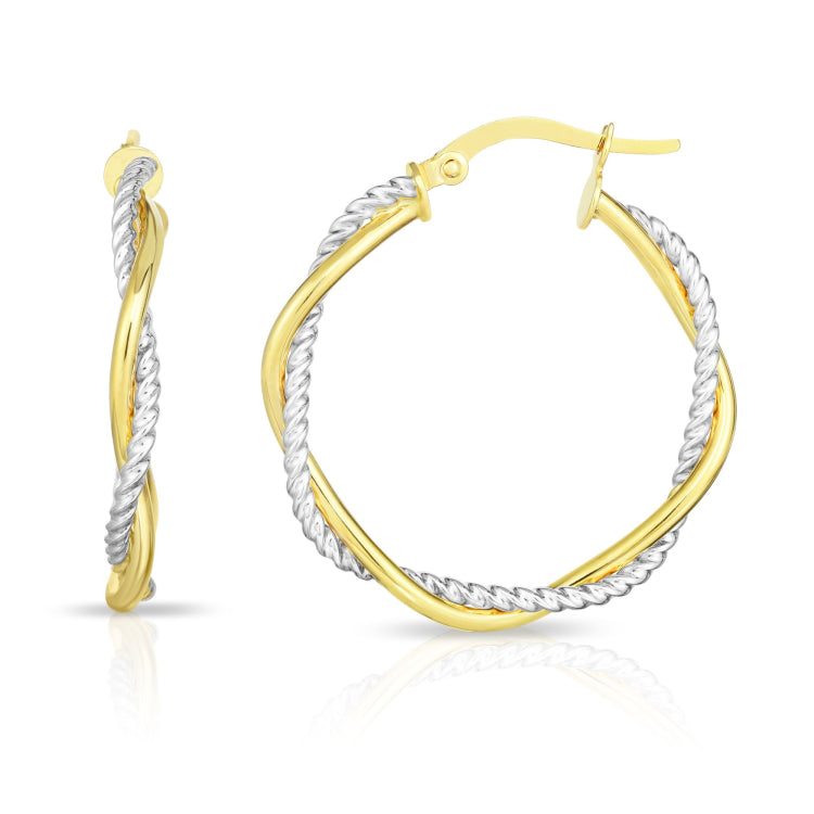 14K Yellow and White Gold Round Twist Hoop Earring