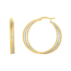14K Yellow and White Gold Polished and Diamond Cut Double Row Hoop Earring