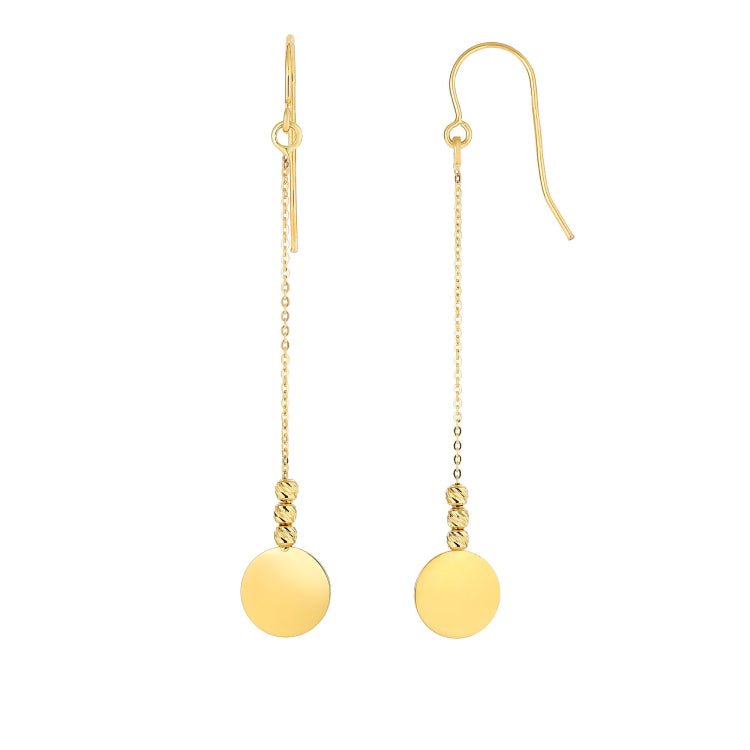 14K Yellow Gold Polished Disc & Bead Drop Earring