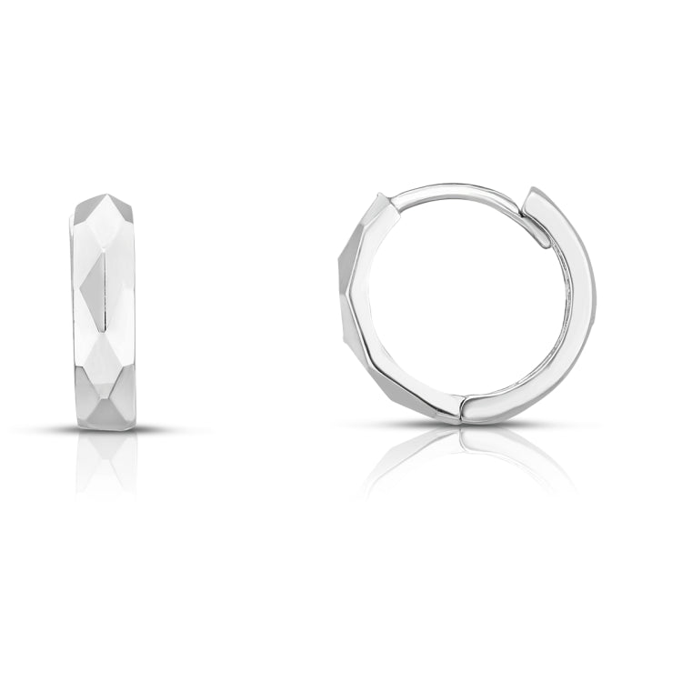 14K White Gold Faceted Huggie Earrings
