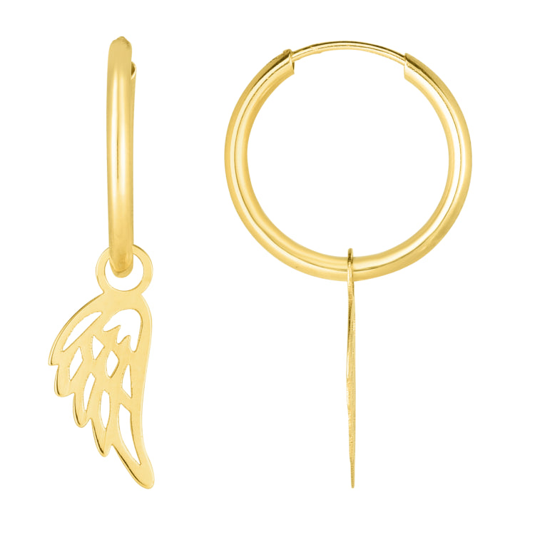 14K Yellow Gold Polished Angel Wing Dangle Light Weight Hoop