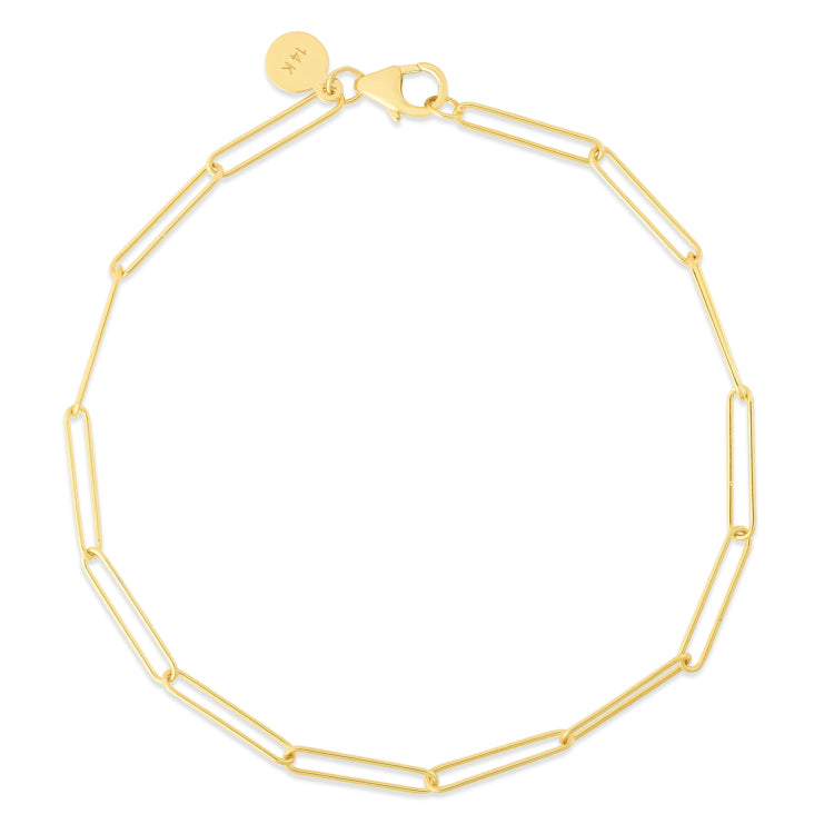 14K Yellow Gold 7 Lungo Paperclip Chain Bracelet with Pear Shaped Lobster Clasp.
