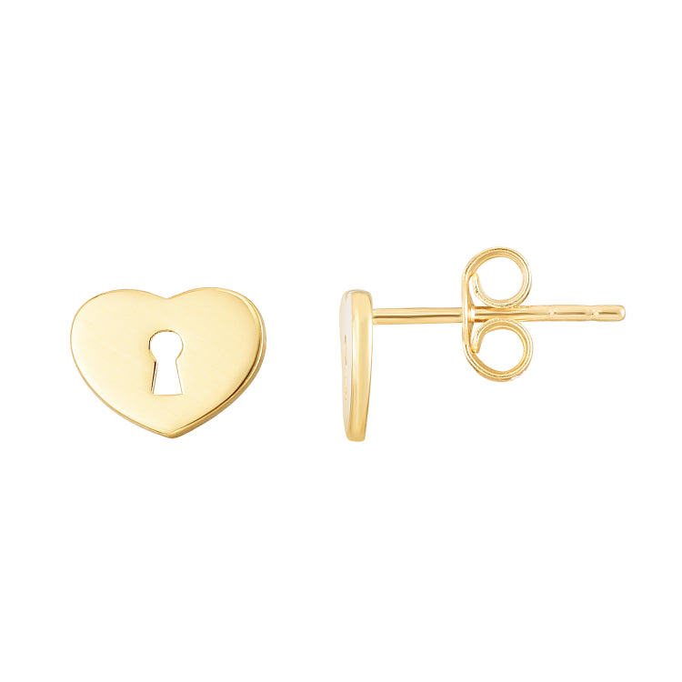 14K Yellow Gold Heart Padlock Studs