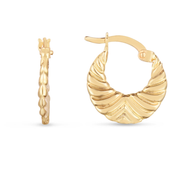 14K Yellow Gold Polished Graduated Grooved Fancy Hoop Earrings with Hinged Clasp