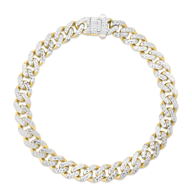 14K Yellow Gold 8mm White Pave Lite Miami Cuban 8.25 Chain Bracelet with Box (Both Side Push) Clasp.