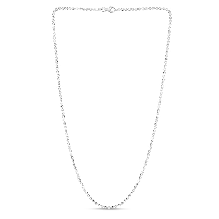 Sterling Silver 2.5mm Moon-cut Bead 20 Chain with Lobster Clasp. Item has rhodium finish.