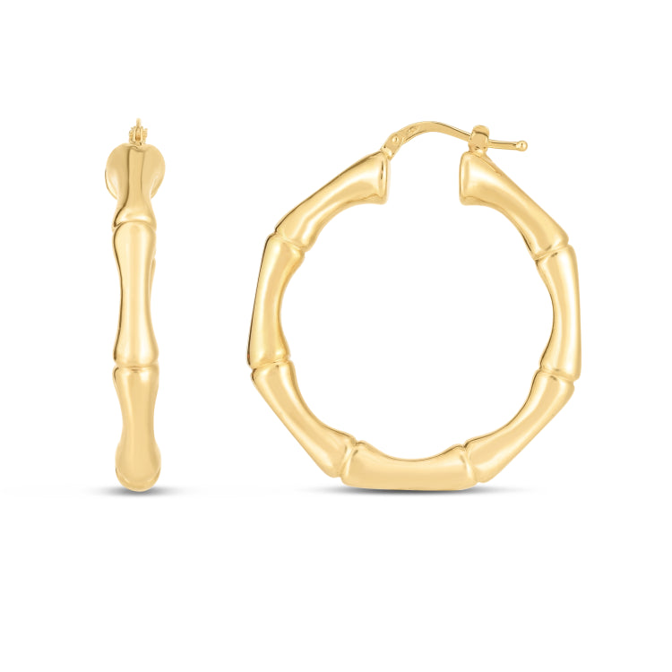 14K Yellow Gold Large 38mm Bamboo Hoops Earrings with Hinged Clasp
