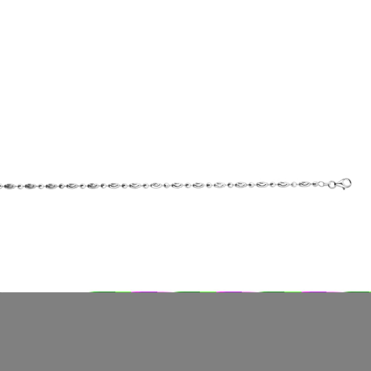 Sterling Silver 3mm 18 Moon-cut (diamond cut) Oval Bead Chain Necklace with Lobster Clasp. Item has rhodium plating.