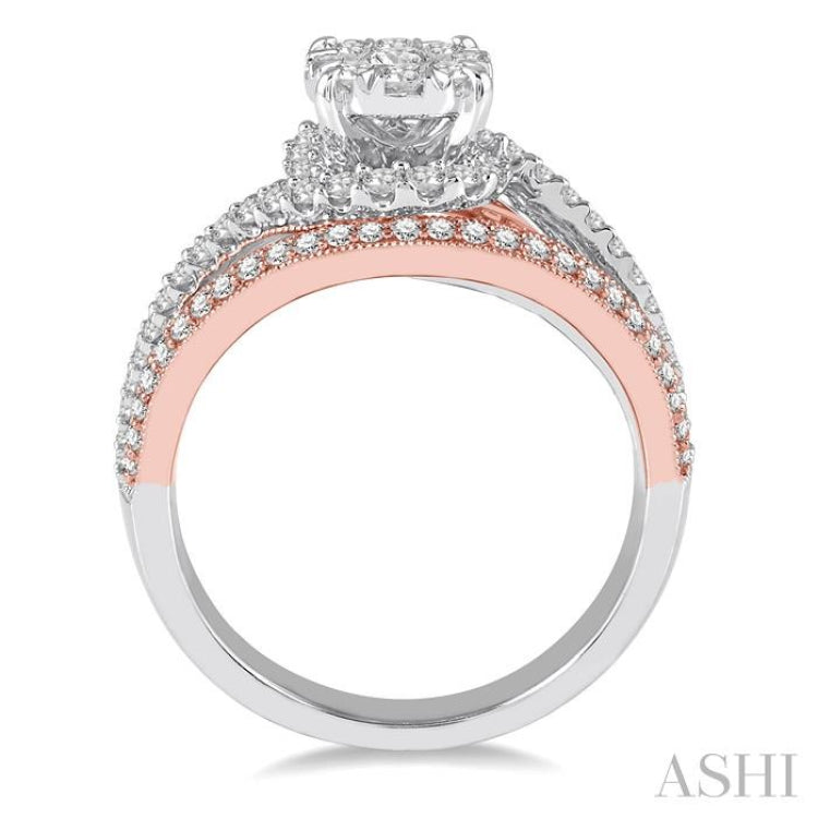 1 1/10 Ctw Round Diamond Lovebright Engagement Ring in 14K White and Rose Gold