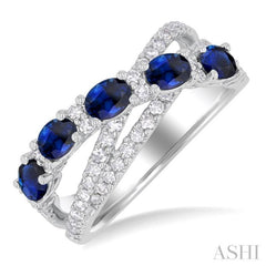 4X3 MM Oval Cut Sapphire and 1/2 Ctw Single Cut Diamond Split Criss Cross Precious Ring in 14K White Gold